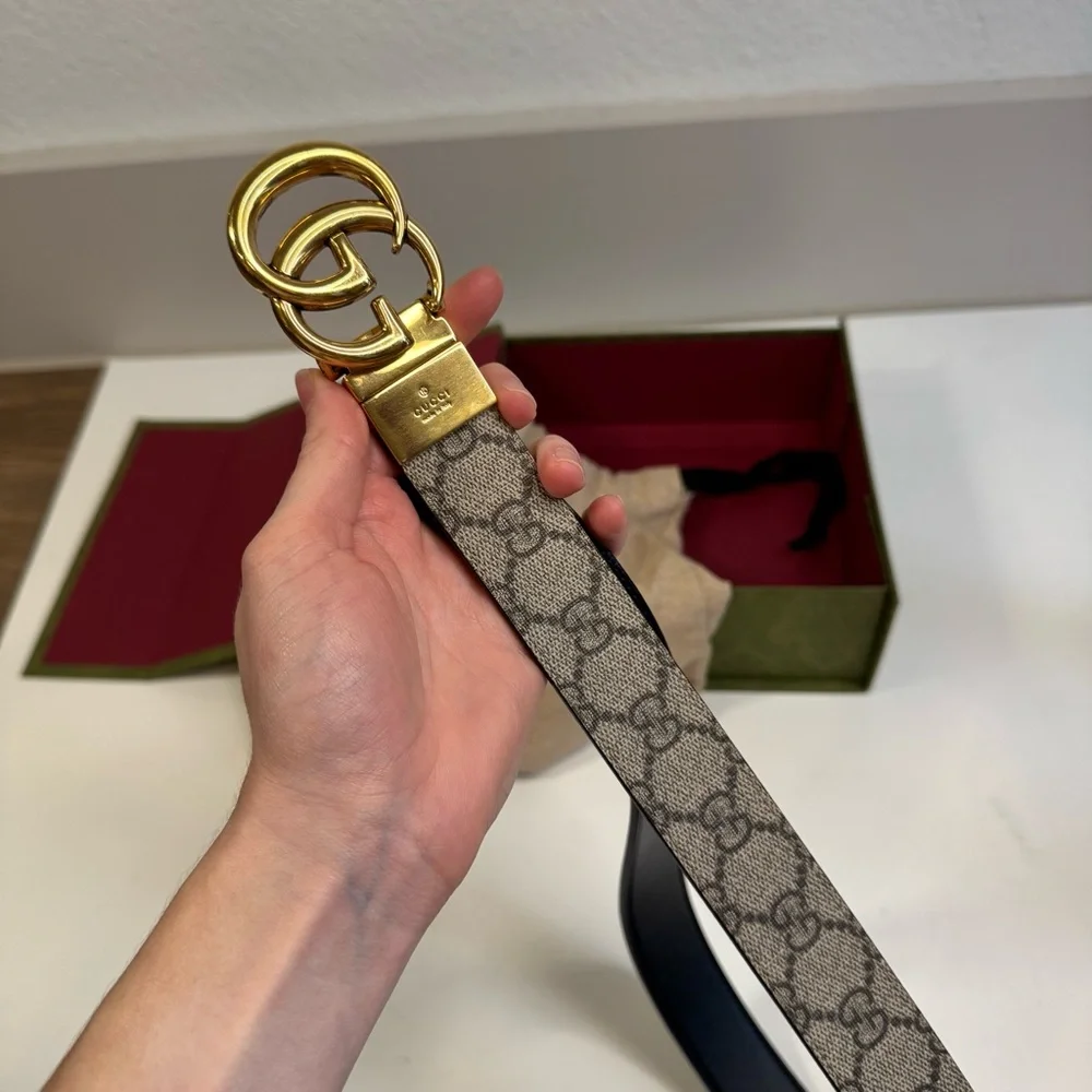 Gucci GG Marmont black gold tan reversible women’s belt - Picture 5 of 13